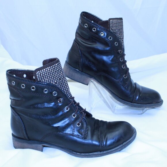 Report Size 8.5 Brown Faux Leather Lace Up Embellished NYLES Cap Toe Combat Boot - Picture 2 of 13